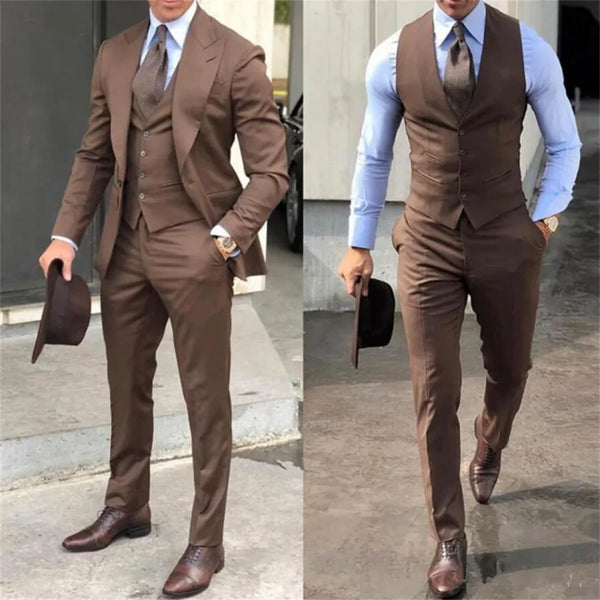 Elegant Men's 3-Piece Tuxedo Suit Set with Peak Lapel - Stylish Blazer, Vest, and Pants for Formal Occasions and Groomsmen